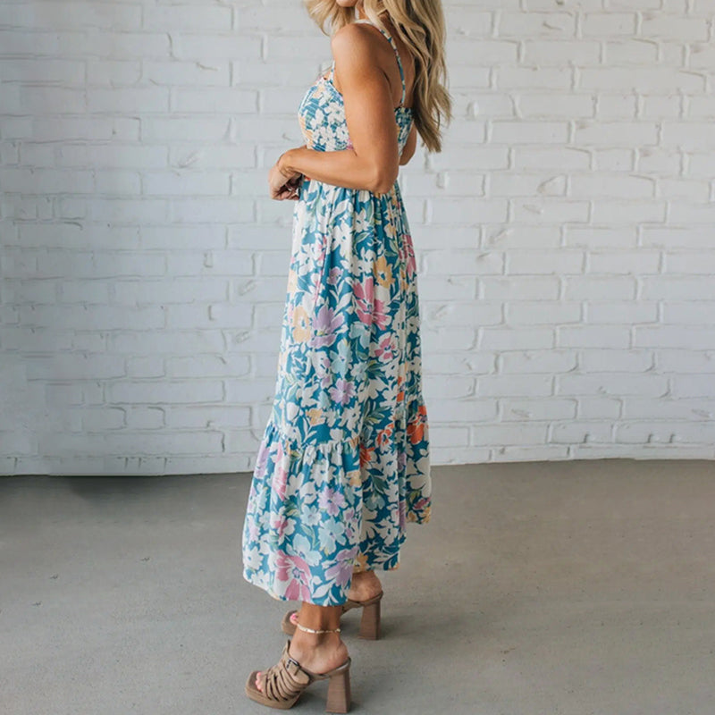 Floral Maxi Dress Smocked Bodice Adjustable Straps - Eliza-Warszawa