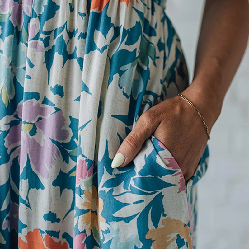 Floral Maxi Dress Smocked Bodice Adjustable Straps - Eliza-Warszawa