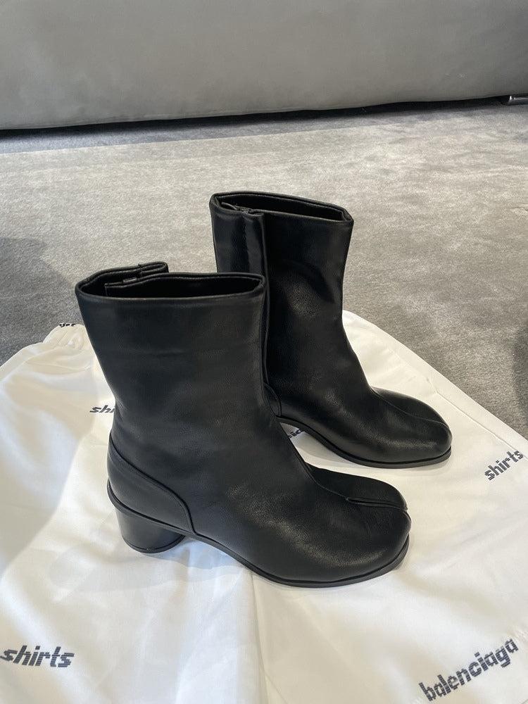 Genuine leather split-toe chunky heel mid-calf Martin boots - Eliza-Warszawa