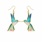 Gold Blue Enamel Hummingbird Drop Earrings