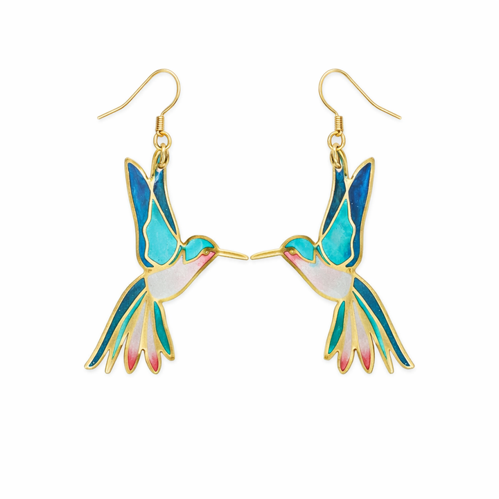 Gold Blue Enamel Hummingbird Drop Earrings