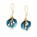 Gold Blue Lily Drop Earrings with Pearls