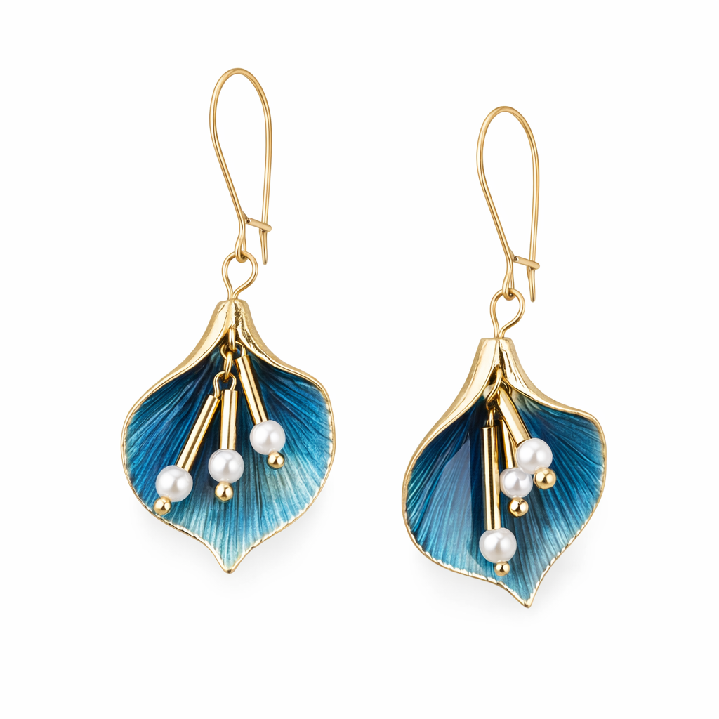 Gold Blue Lily Drop Earrings with Pearls