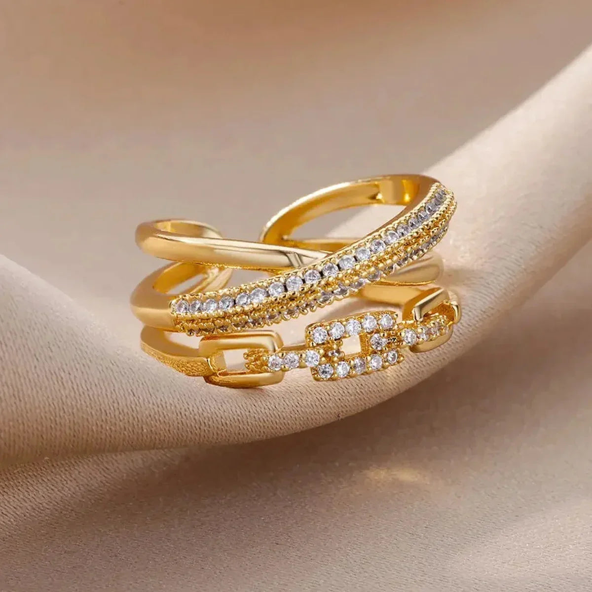 Gold Chain Link Crystal Ring