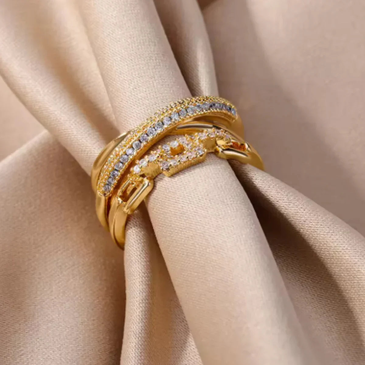 Gold Chain Link Crystal Ring