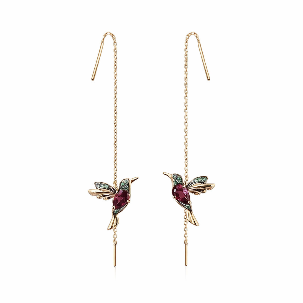 Gold Hummingbird Threader Earrings with Crystals