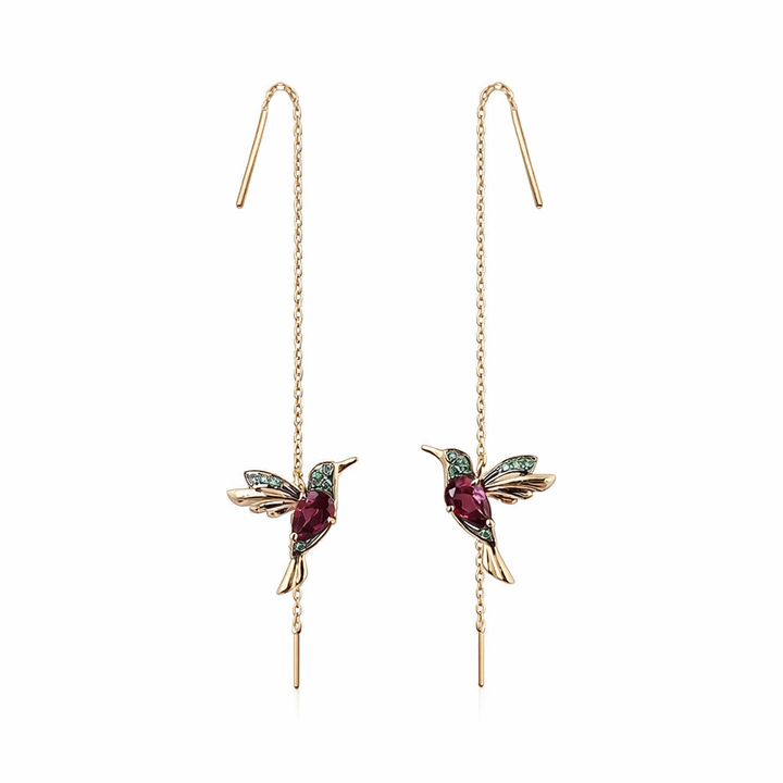 Gold Hummingbird Threader Earrings with Crystals