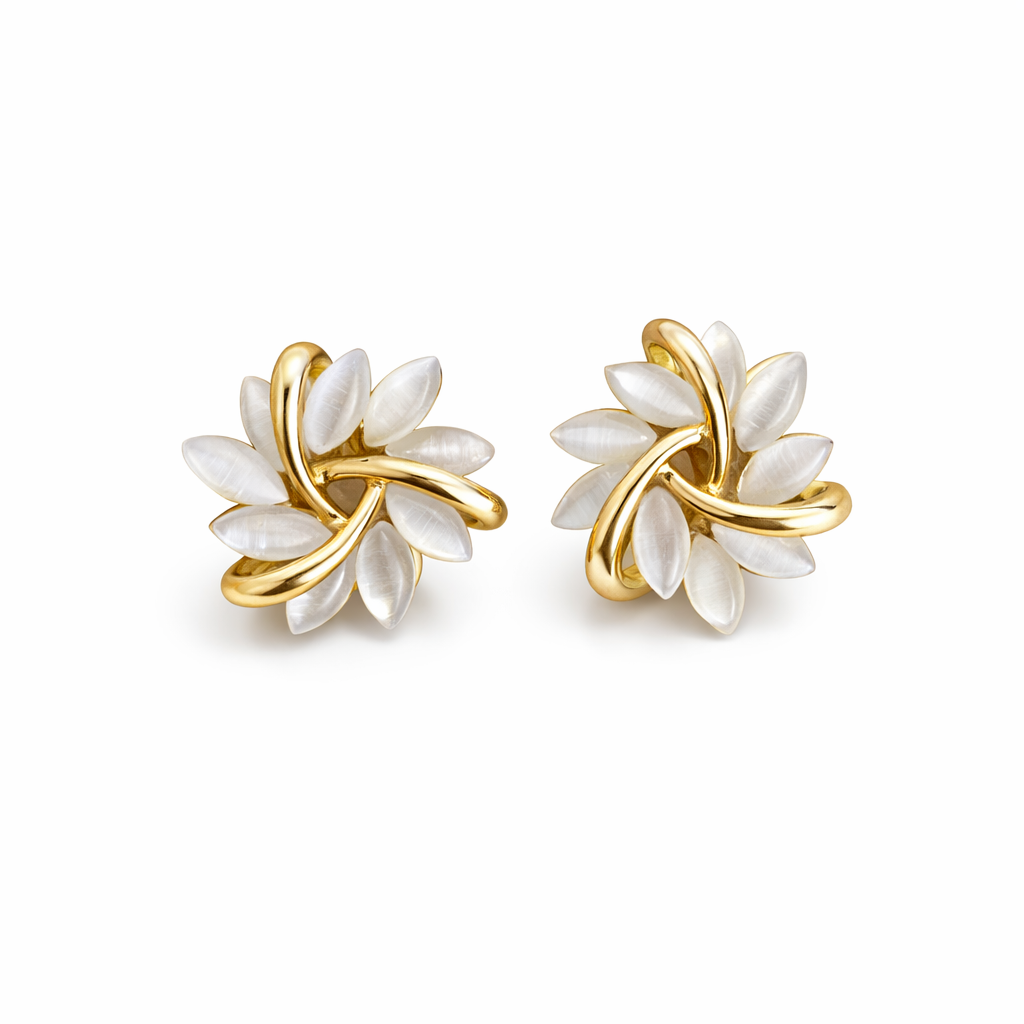 Gold Leaf White Opal Stud Earrings