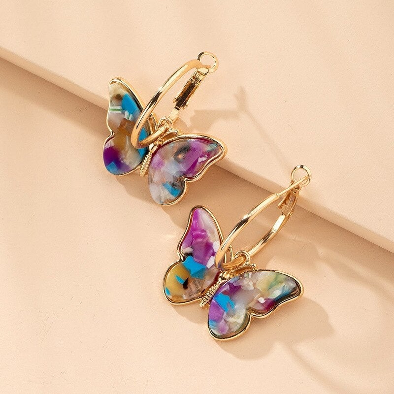 Gold Multicolor Butterfly Hoop Earrings - Eliza-Warszawa