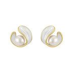 Gold Pearl and White Enamel Stud Earrings