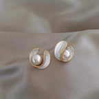 Gold Pearl and White Enamel Stud Earrings