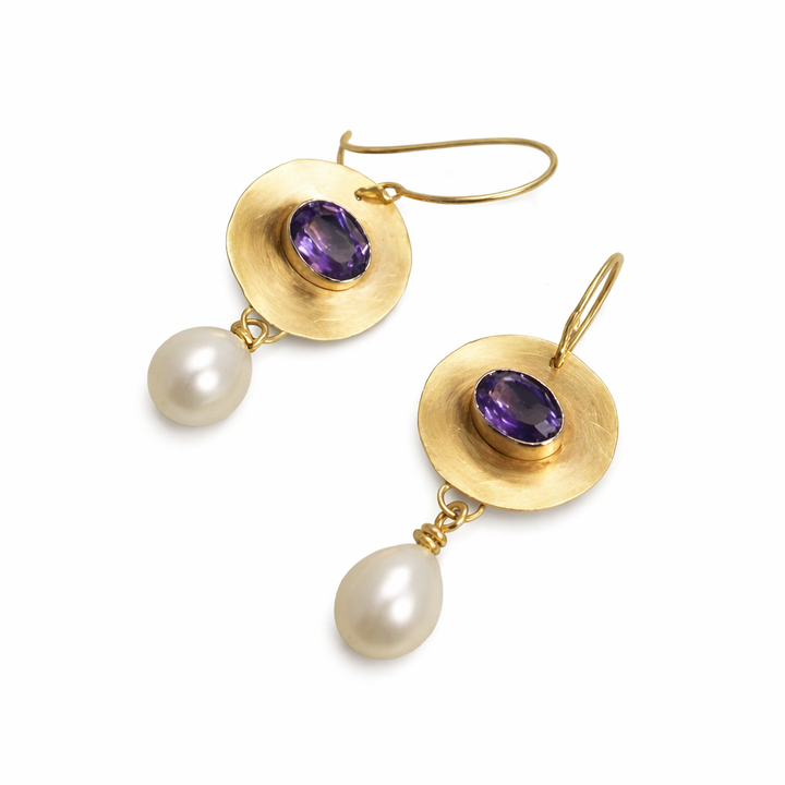 Gold Purple Zirconia Pearl Earrings