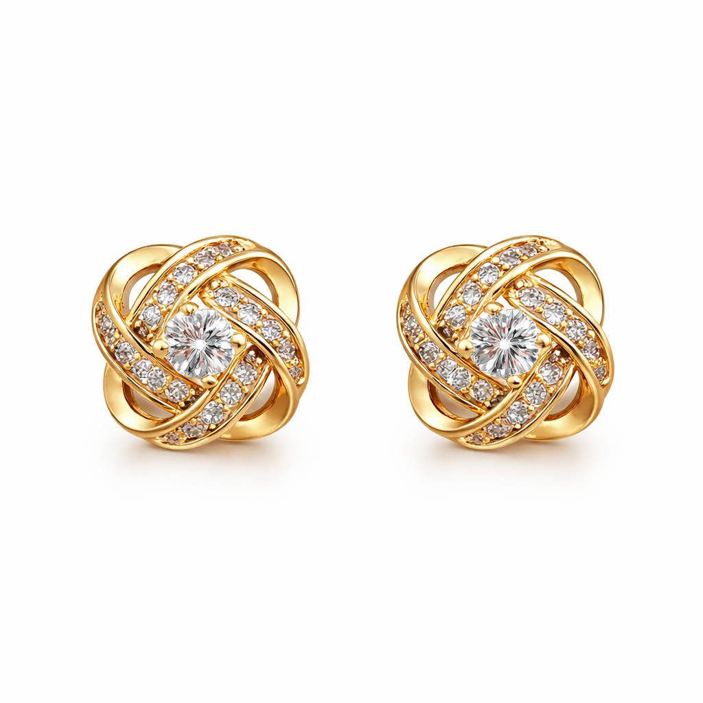 Gold Spiral Floral Crystal Stud Earrings