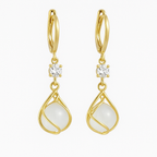 Gold Wire Wrapped White Opal Drop Earrings