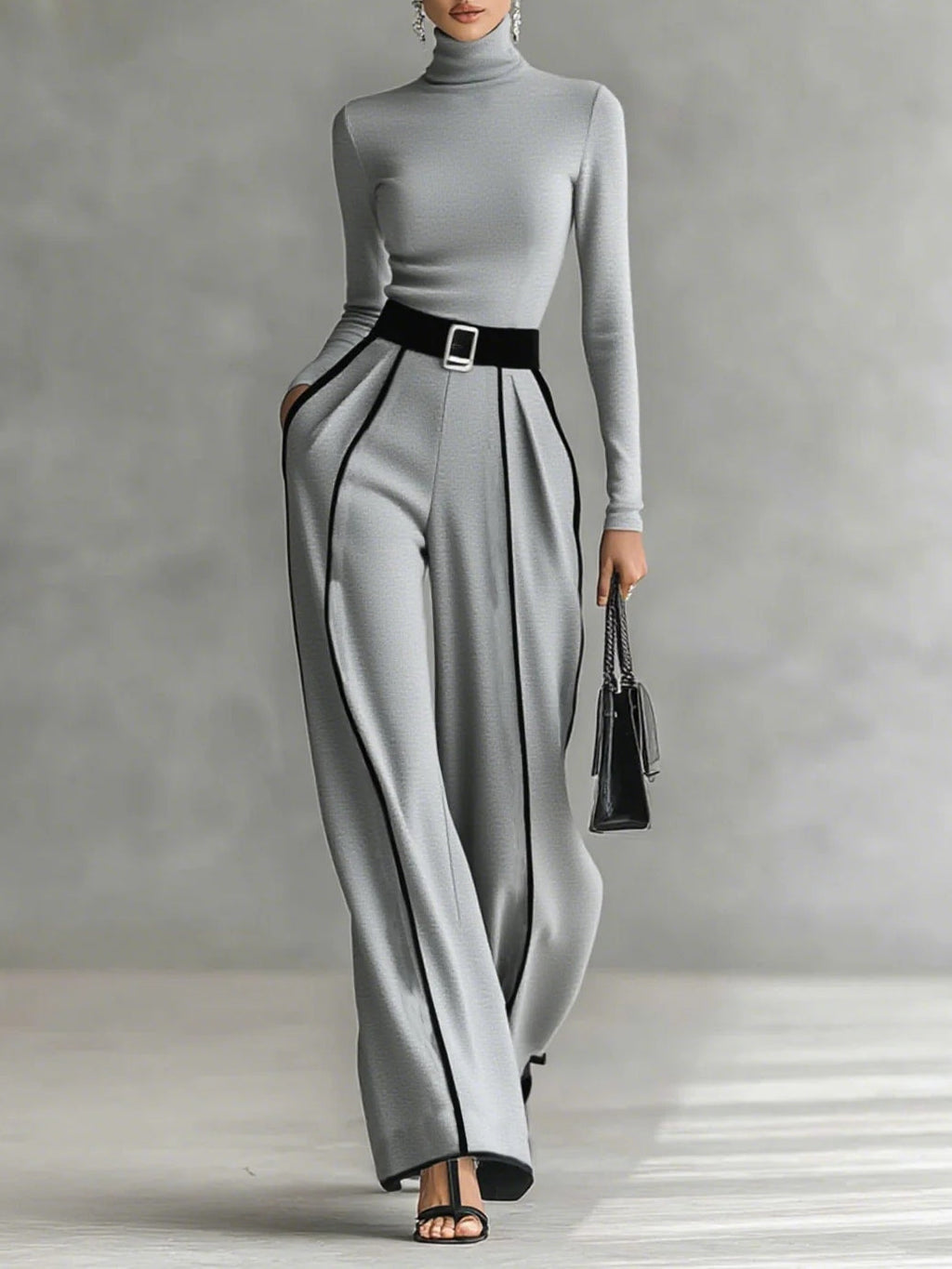 Gray Trim High-neck Long-sleeved Top With Wide-leg Pants and Belt Set - Eliza-Warszawa
