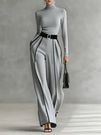 Gray Trim High-neck Long-sleeved Top With Wide-leg Pants and Belt Set - Eliza-Warszawa
