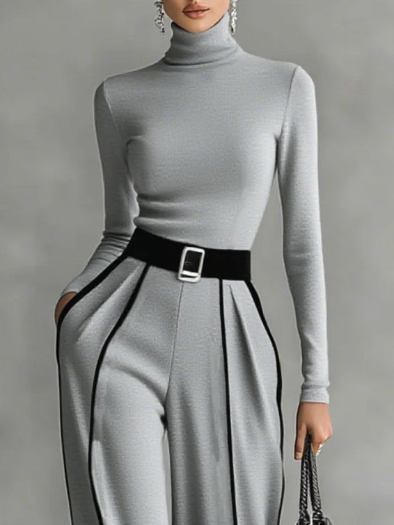 Gray Trim High-neck Long-sleeved Top With Wide-leg Pants and Belt Set - Eliza-Warszawa