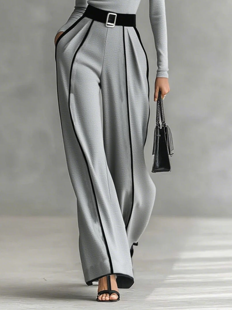 Gray Trim High-neck Long-sleeved Top With Wide-leg Pants and Belt Set - Eliza-Warszawa