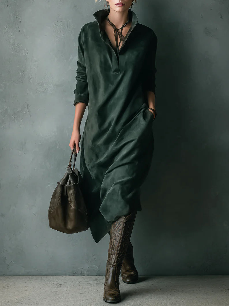 Green Loose Suede Lapel Long Sleeve Midi Dress - Eliza-Warszawa