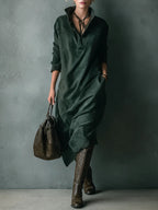 Green Loose Suede Lapel Long Sleeve Midi Dress - Eliza-Warszawa