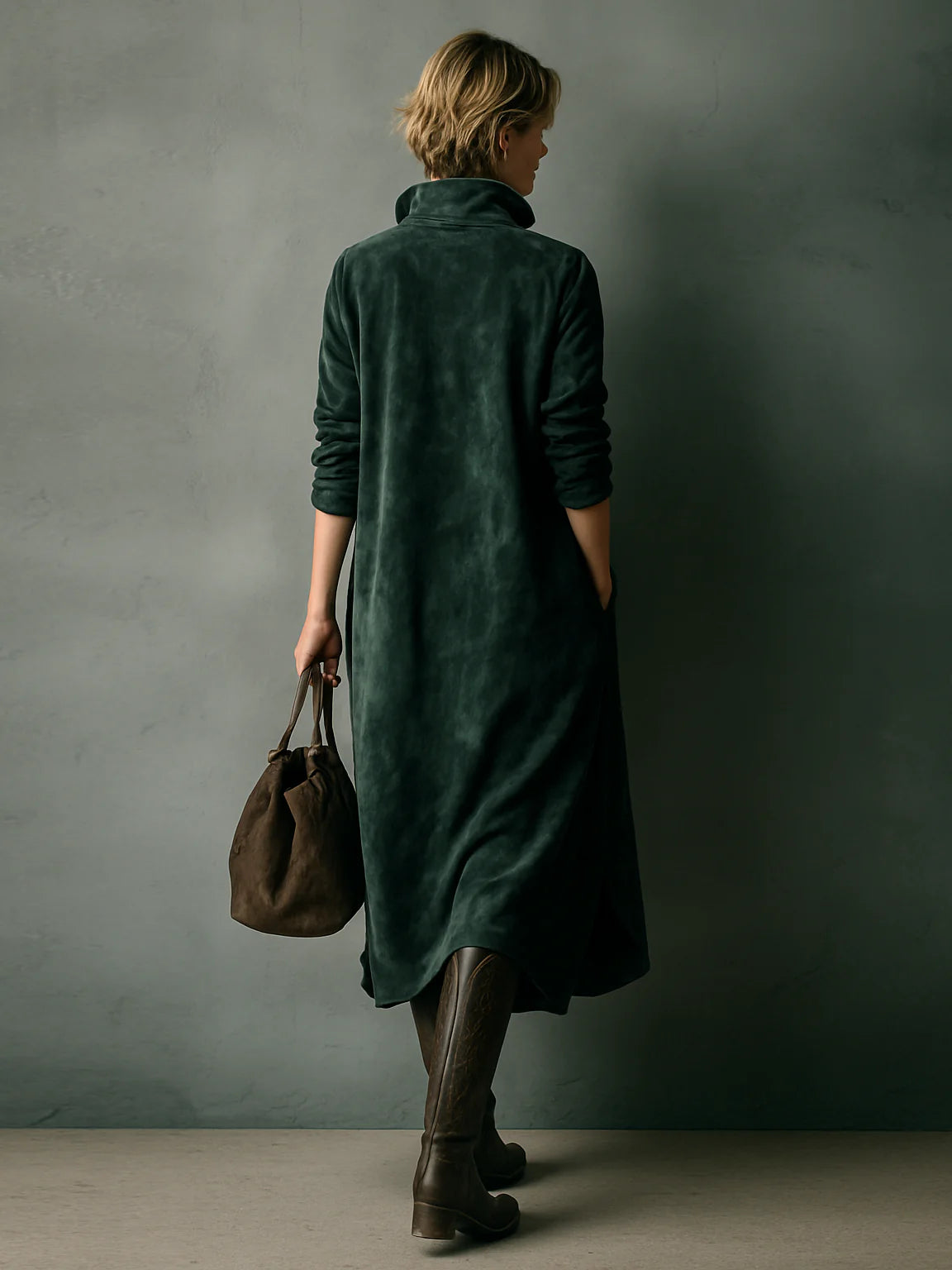 Green Loose Suede Lapel Long Sleeve Midi Dress - Eliza-Warszawa