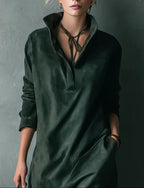 Green Loose Suede Lapel Long Sleeve Midi Dress - Eliza-Warszawa