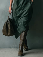 Green Loose Suede Lapel Long Sleeve Midi Dress - Eliza-Warszawa