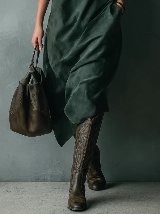 Green Loose Suede Lapel Long Sleeve Midi Dress - Eliza-Warszawa