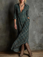 Green Plaid Lapel Single-Breasted Shirt Long Dress - Eliza-Warszawa