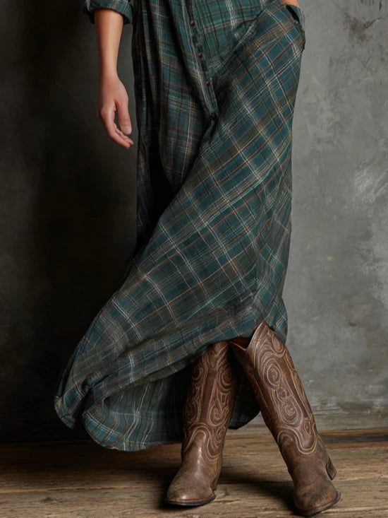 Green Plaid Lapel Single-Breasted Shirt Long Dress - Eliza-Warszawa