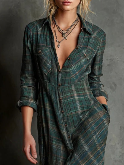 Green Plaid Lapel Single-Breasted Shirt Long Dress - Eliza-Warszawa