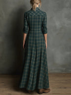 Green Plaid Lapel Single-Breasted Shirt Long Dress - Eliza-Warszawa
