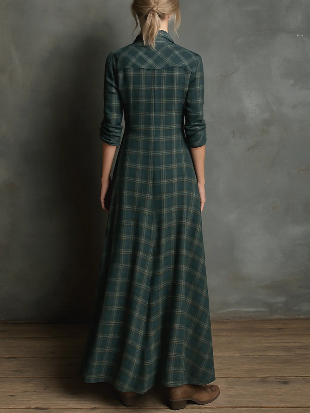 Green Plaid Lapel Single-Breasted Shirt Long Dress - Eliza-Warszawa