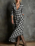 Green Plaid Lapel Single-Breasted Shirt Long Dress - Eliza-Warszawa