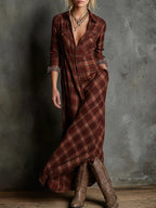 Green Plaid Lapel Single-Breasted Shirt Long Dress - Eliza-Warszawa