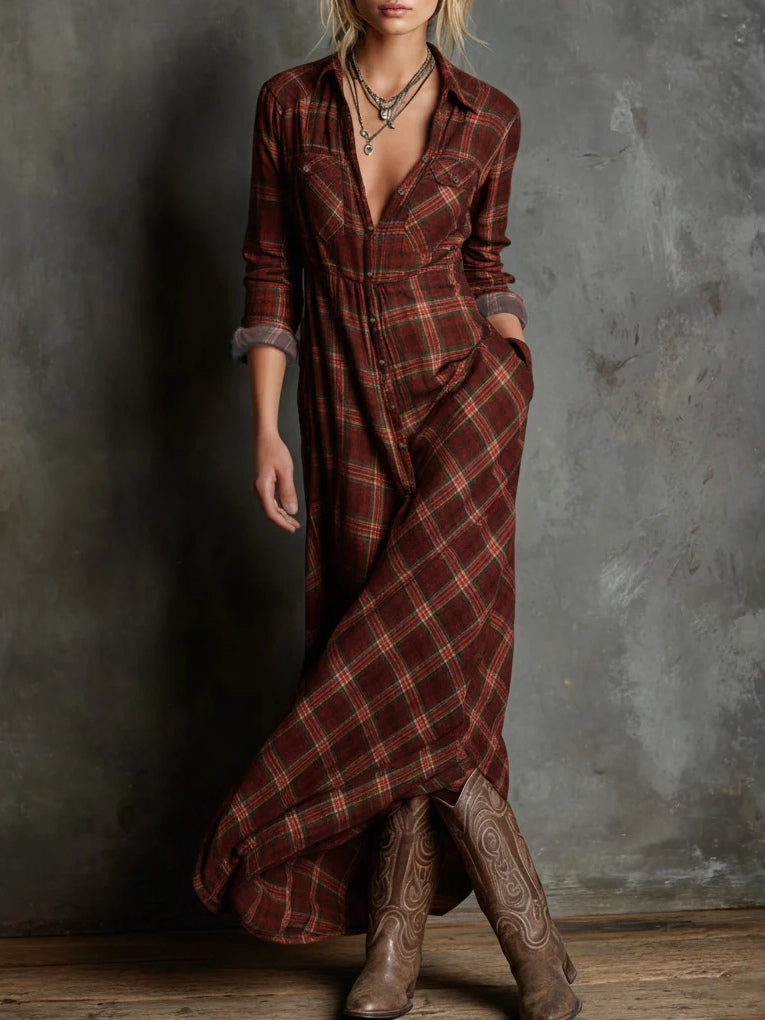 Green Plaid Lapel Single-Breasted Shirt Long Dress - Eliza-Warszawa