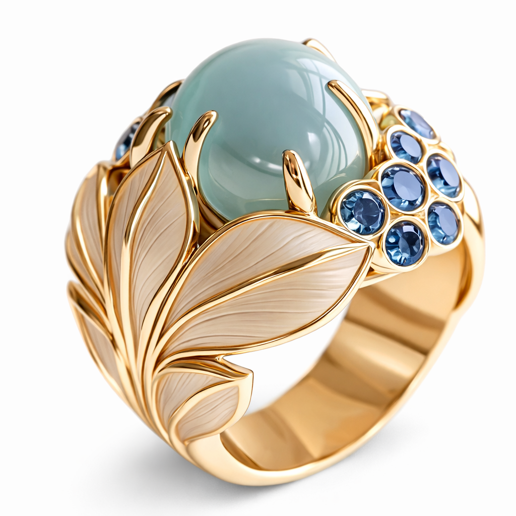Greenish Stone Gold Leaf Ring