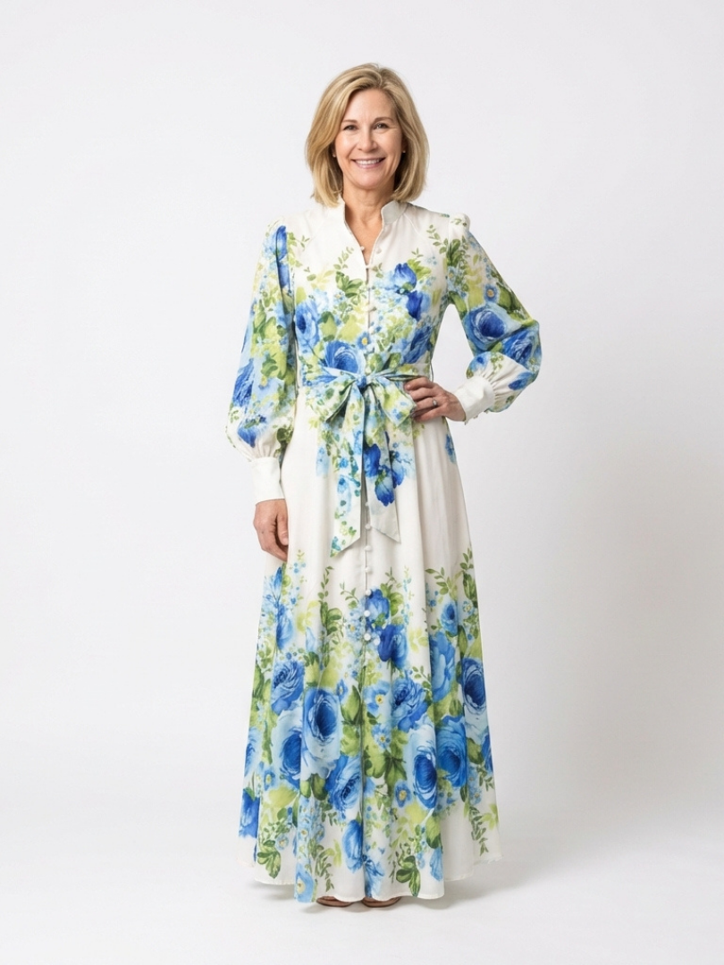 Harper - Long Sleeve Floral Button Front Maxi Dress - Eliza-Warszawa