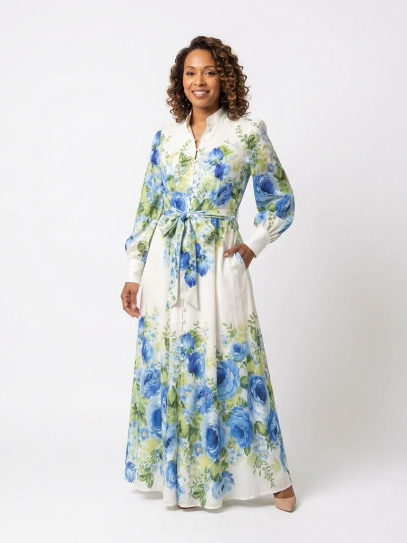 Harper - Long Sleeve Floral Button Front Maxi Dress - Eliza-Warszawa
