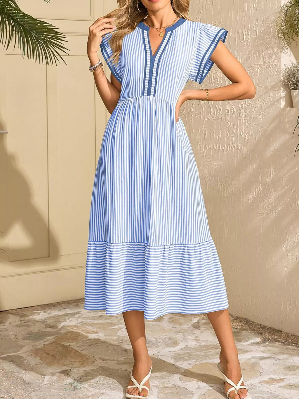 Hazel® |  Striped Notched Ruffle Sleeve Dress - Eliza-Warszawa