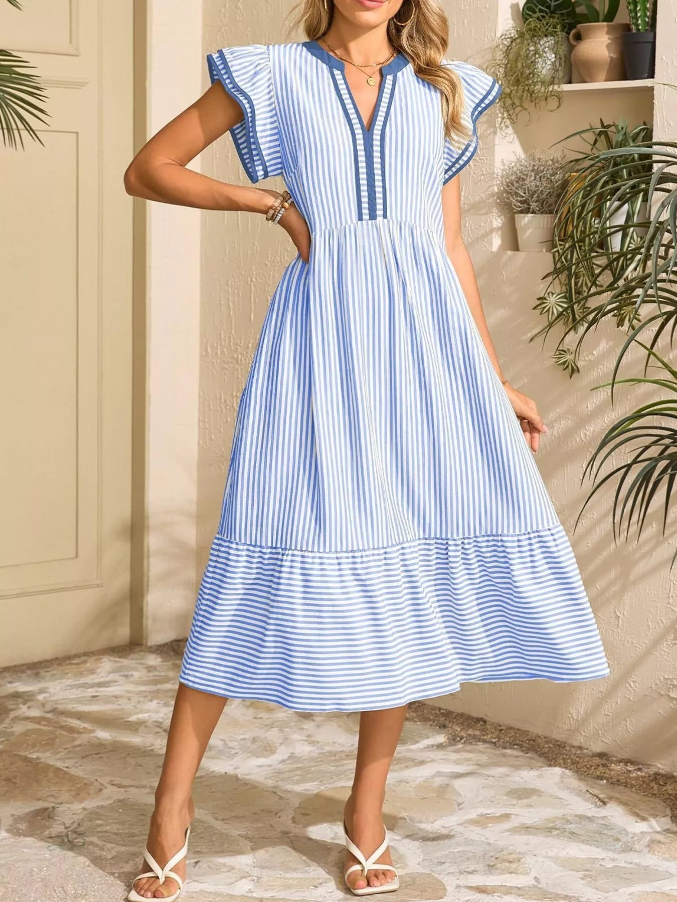 Hazel® |  Striped Notched Ruffle Sleeve Dress - Eliza-Warszawa