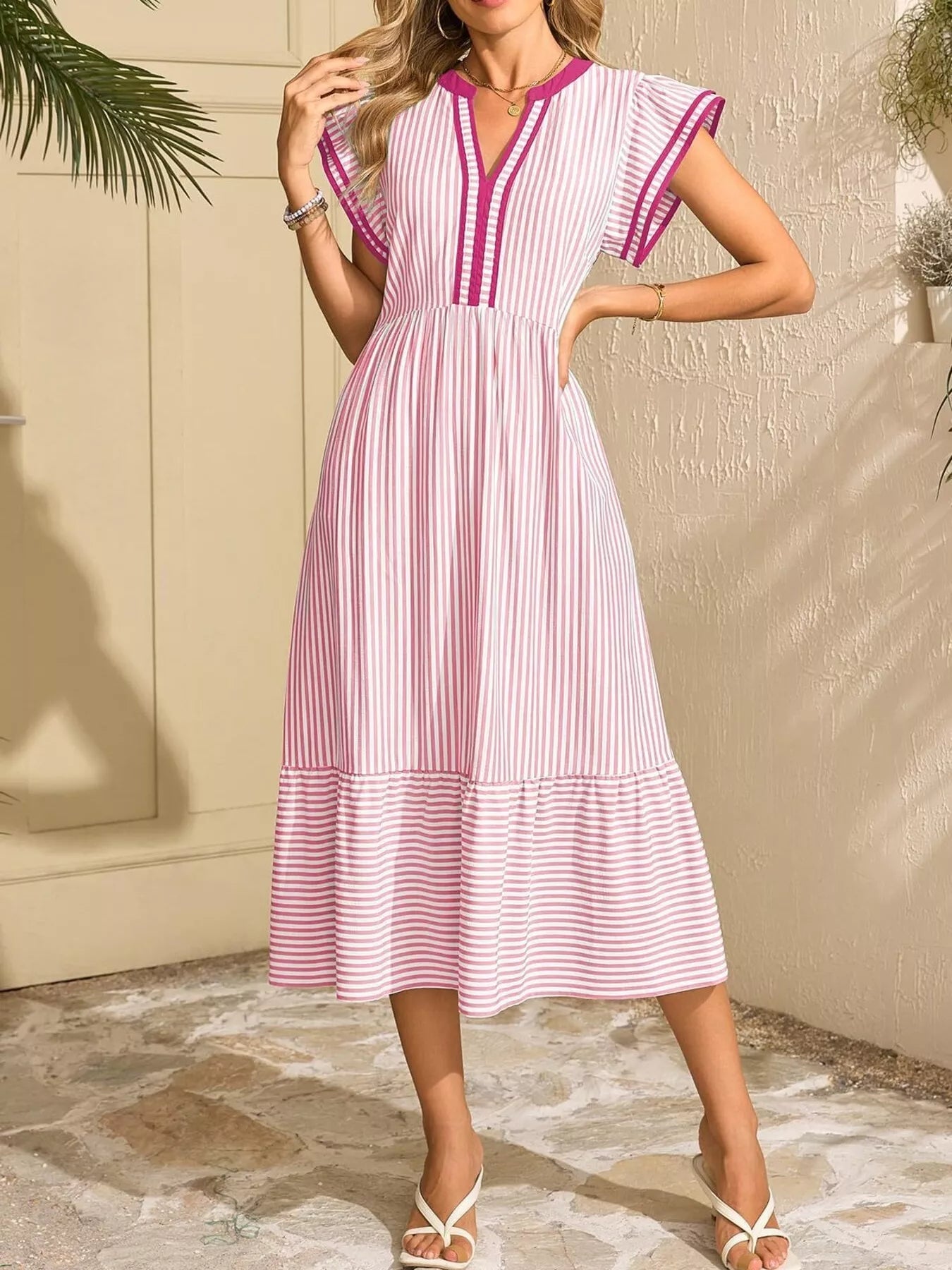 Hazel® |  Striped Notched Ruffle Sleeve Dress - Eliza-Warszawa