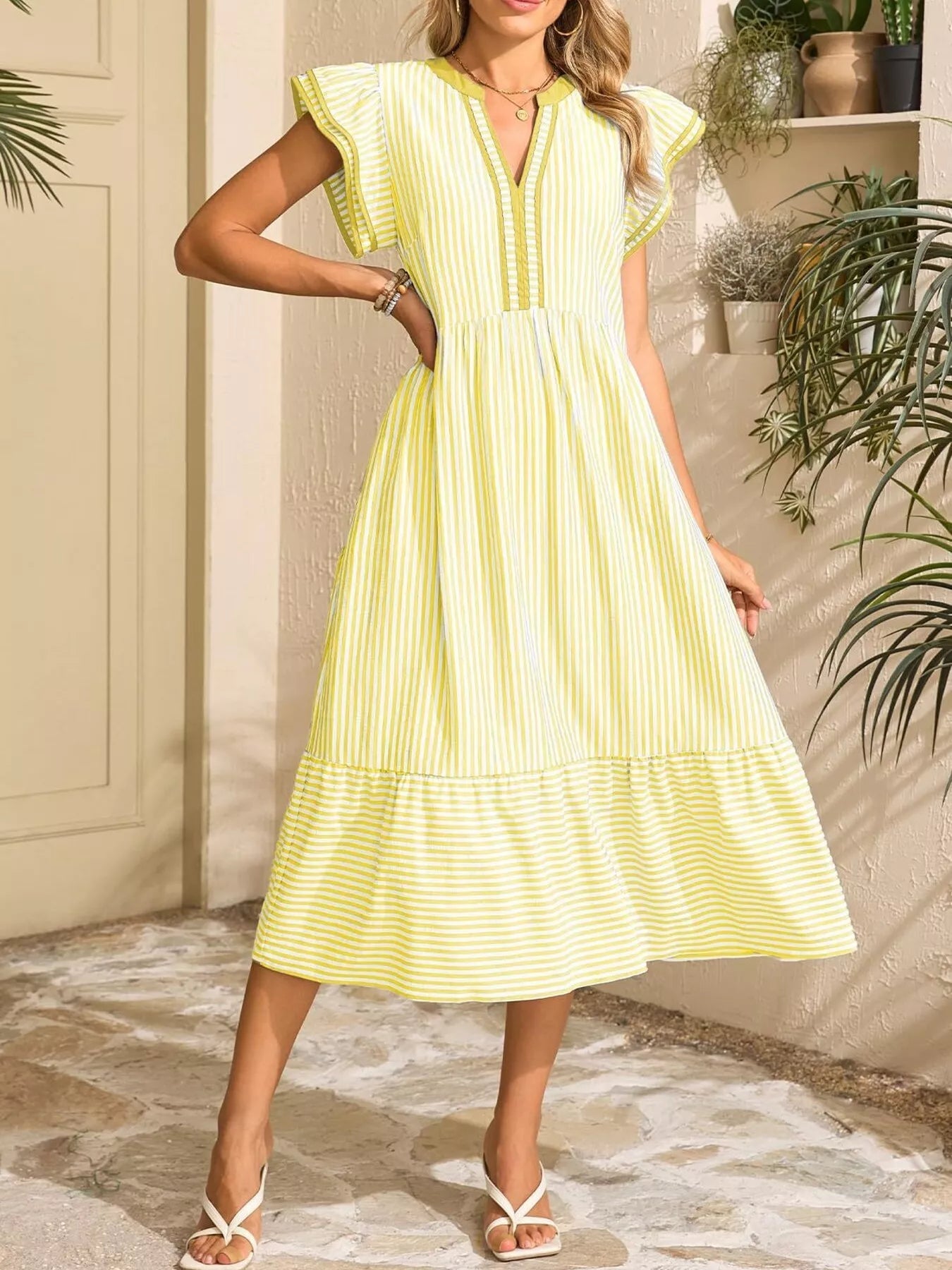 Hazel® |  Striped Notched Ruffle Sleeve Dress - Eliza-Warszawa