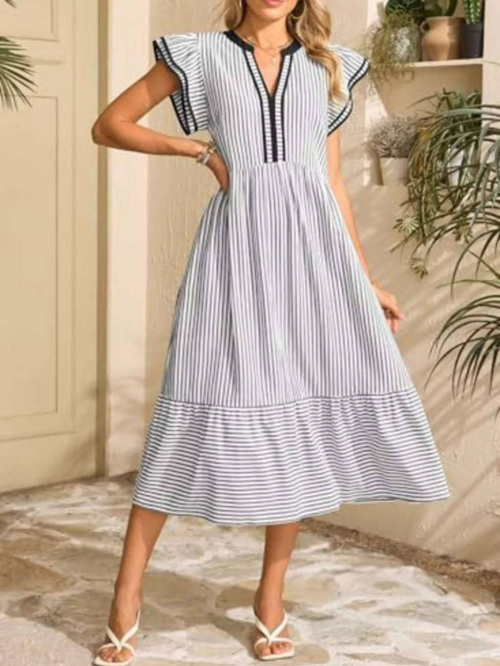 Hazel® |  Striped Notched Ruffle Sleeve Dress - Eliza-Warszawa