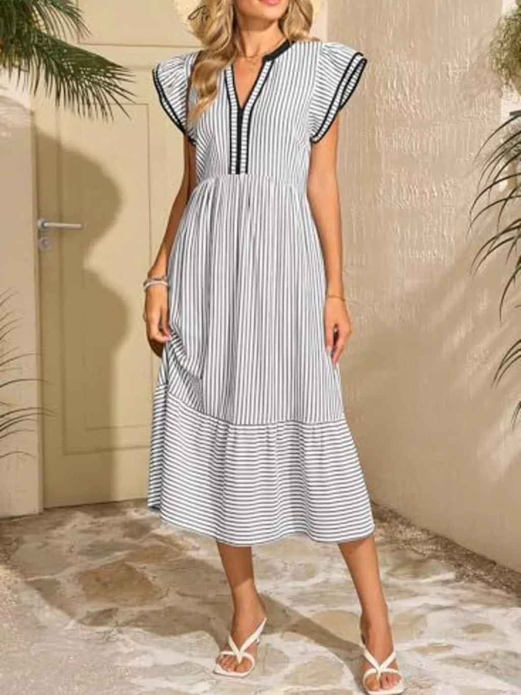 Hazel® |  Striped Notched Ruffle Sleeve Dress - Eliza-Warszawa
