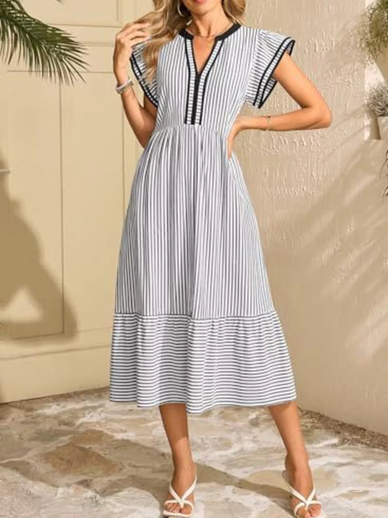 Hazel® |  Striped Notched Ruffle Sleeve Dress - Eliza-Warszawa