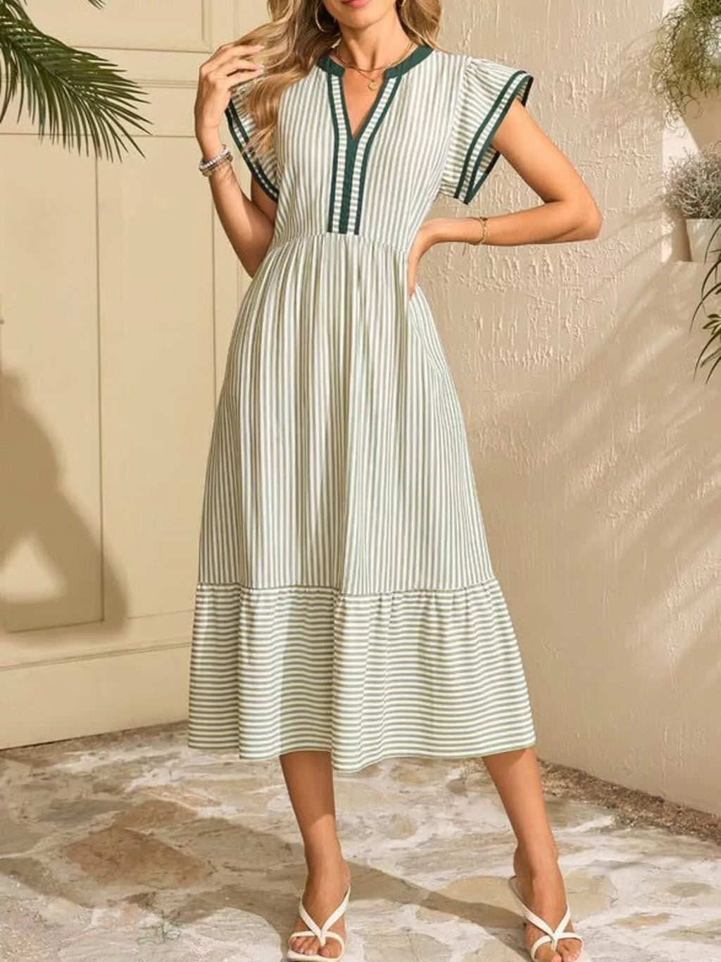 Hazel® |  Striped Notched Ruffle Sleeve Dress - Eliza-Warszawa