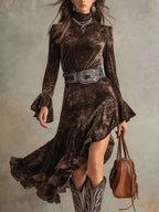 High-neck Long-sleeved Bell Sleeves Velvet Midi Dress - Eliza-Warszawa