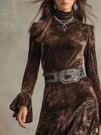 High-neck Long-sleeved Bell Sleeves Velvet Midi Dress - Eliza-Warszawa