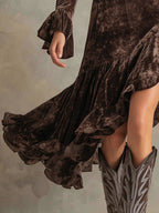High-neck Long-sleeved Bell Sleeves Velvet Midi Dress - Eliza-Warszawa